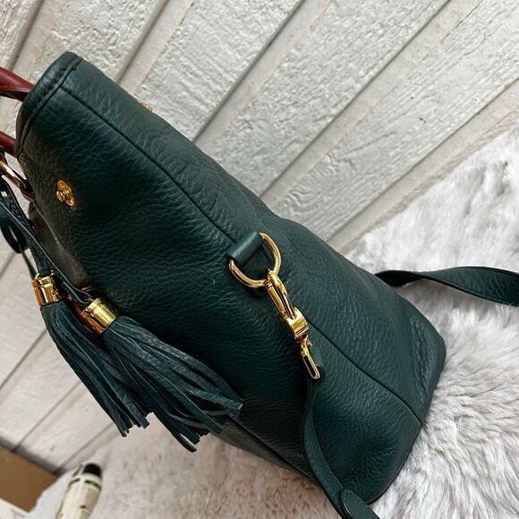 ISAAC MIZRAHI Green Brown Leather Laptop Work Tote Shoulder Bag Bridgehampton - Picture 6 of 12